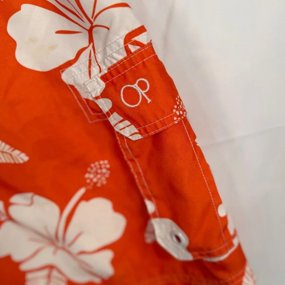 OP L Swim Trunks Orange Hibiscus‎ Floral Cargo Board Shorts Surf Beach Hawaiian